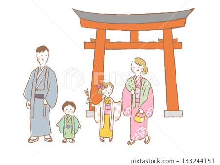 Illustration of a family of four in kimono going to visit a shrine for the first time in the new year Illustration of a family of four in kimono going to visit a shrine for the first time in the new year 133244151