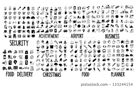 Set of Doodle Vector Icons for Security, Achievement, Airport, Business, Food Delivery, Christmas, Food, and Planner eps10 Set of Doodle Vector Icons for Security, Achievement, Airport, Business, Food Delivery, Christmas, Food, and Planner eps10 133244154