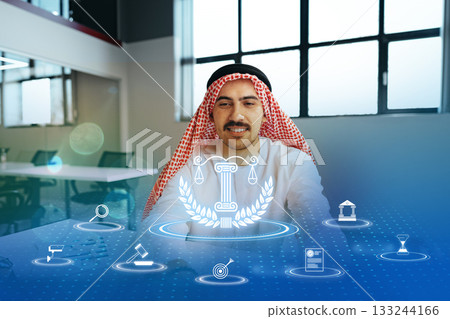 Legal professional discussing technology in modern law office during daylight 133244166