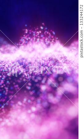 Abstract purple and pink glowing light particles forming a wave of shimmering cosmic energy 133244172