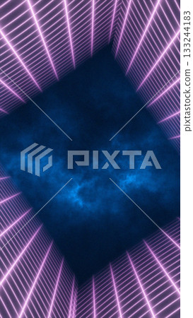 Futuristic neon tunnel with glowing purple grid and deep blue atmospheric background Futuristic neon tunnel with glowing purple grid and deep blue atmospheric background 133244183