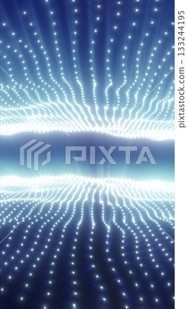 Blue digital grid of glowing light dots forming symmetrical waves 133244195