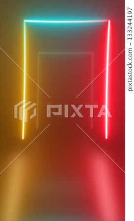 Minimalistic neon corridor made of glowing red, yellow, and cyan light bars forming a futuristic tunnel 133244197