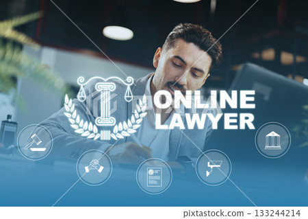 Professional online lawyer offers legal advice in modern office setting Professional online lawyer offers legal advice in modern office setting 133244214