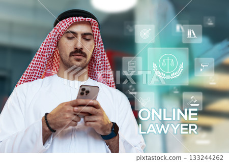 Arab man using mobile phone for online legal services Arab man using mobile phone for online legal services 133244262