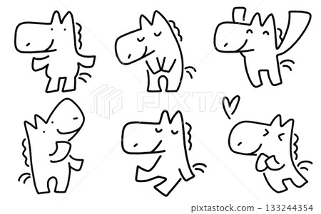 Monochrome set of horses with various expressions and poses: bowing, looking up, sitting, cheering 133244354