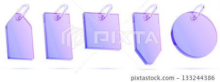 3d set of glass holographic transparent keychain with ring. Purple blue gradient plastic key holder. Blank price tag, gift label, branding card mockup - round, square, rectangle shape. 3D illustration 133244386