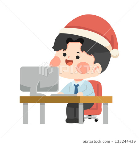 Illustration of Man in Santa Hat Working 133244439