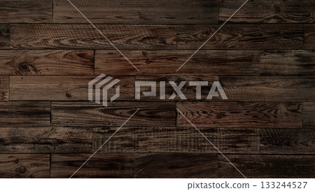 Horizontal background image of an old dark brown rough-sawn lumber wall with grain 133244527
