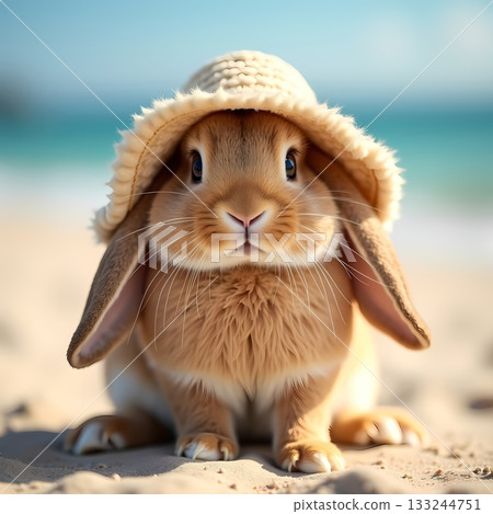 Cute rabbit wearing a hat at the beach on a sunny day Generative AI 133244751