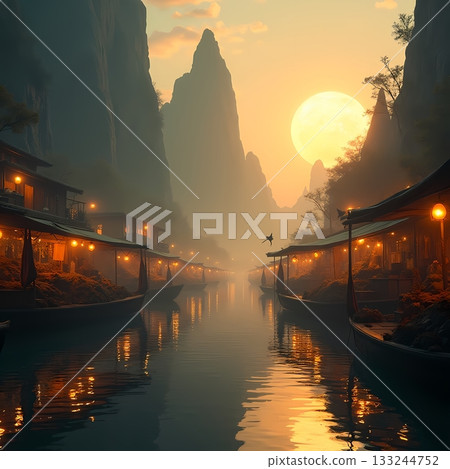 Exploring a serene river village at sunset Generative AI 133244752