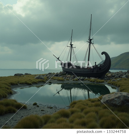 Old ship rests peacefully by the calm lake shore Generative AI Old ship rests peacefully by the calm lake shore Generative AI 133244758