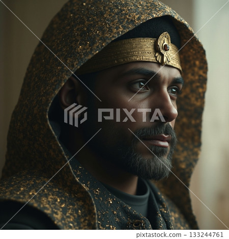 Man in ornate headpiece and cloak gazes thoughtfully indoors Generative AI Man in ornate headpiece and cloak gazes thoughtfully indoors Generative AI 133244761