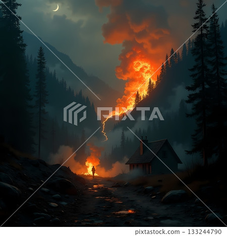 Scenic evening with fiery sky and tranquil cabin in nature Generative AI 133244790