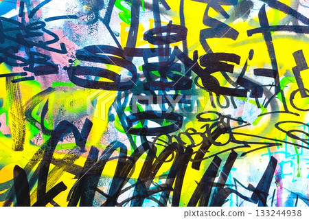 Vibrant Graffiti Overlay in Neon Yellow, Blue, Black for 90s Urban Style 133244938