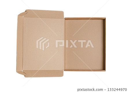 An open cardboard box. View from above. Isolated on a white background. An open cardboard box. View from above. Isolated on a white background. 133244970