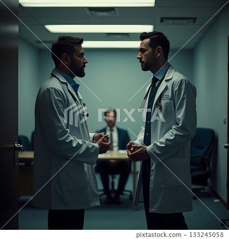 Two doctors in serious discussion in a medical office Generative AI 133245058