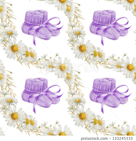 Symbol of World Prematurity Day-Purple knitted socks with ribbon,chamomile flowers symbolizing purity and childhood innocence.Watercolor seamless pattern for charity projects,social media 133245333