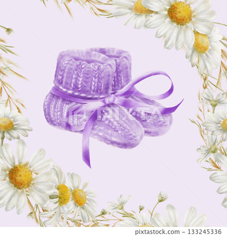 Symbol of World Prematurity Day-Purple knitted socks with ribbon,chamomile flowers symbolizing purity and childhood innocence.Watercolor seamless pattern for charity projects,social media 133245336