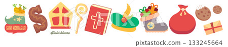 Sinterklaas and Saint Nicholas Day icons set vector illustration, traditional Dutch and Belgian holiday symbols, creative graphic art for greeting cards, invitations, and cultural event decorations 133245664
