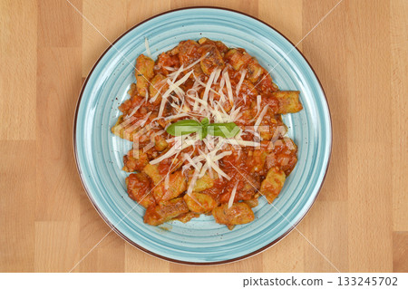 Zucchini gnocchi topped with tomato sauce, Zucchini gnocchi topped with tomato sauce, 133245702