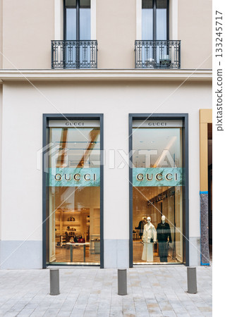 Nice, France - January 26, 2025: Gucci boutique window display on Avenue Verdun in Nice, showcasing luxury fashion and high-end accessories. 133245717