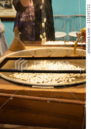 Turkish hand-woven carpets: silk thread made from silkworm cocoons 133245722