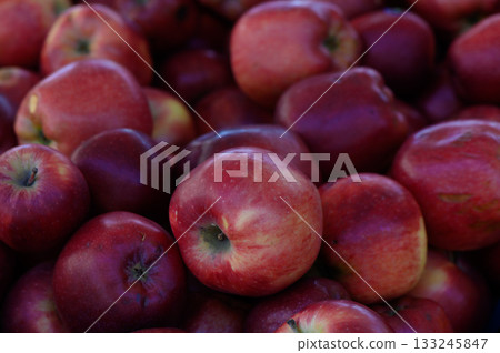 Bright red apples displayed abundantly at a bustling autumn farmers market in the heart of a quaint rural town Bright red apples displayed abundantly at a bustling autumn farmers market in the heart of a quaint rural town 133245847
