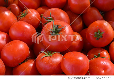 Bountiful harvest of ripe tomatoes showcased in a vibrant farmers market during a sunny afternoon 133245868