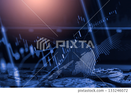 Modern way of exchange. Bitcoin is convenient payment in global economy market. Virtual digital currency and financial investment trade concept. Abstract cryptocurrency with gold bitcoin background. 133246072