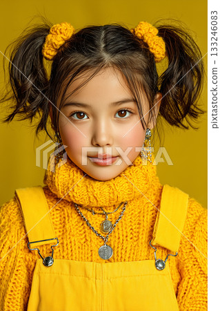 一位身穿鮮豔黃色服裝的可愛女孩的肖像 133246083