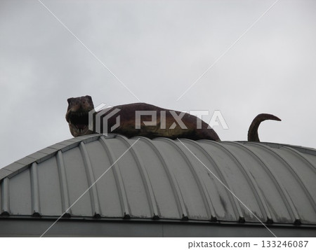 A dinosaur sculpture on the roof of the Mifune Chamber of Commerce and Industry in Mifune Town, Kamimashiki District, Kumamoto Prefecture, famous as a dinosaur town. A dinosaur sculpture on the roof of the Mifune Chamber of Commerce and Industry in Mifune Town, Kamimashiki District, Kumamoto Prefecture, famous as a dinosaur town. 133246087