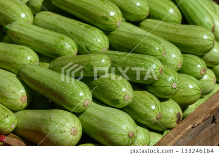 Freshly harvested zucchinis stacked at a bustling farmers market in the warm sunlight of midday Freshly harvested zucchinis stacked at a bustling farmers market in the warm sunlight of midday 133246164