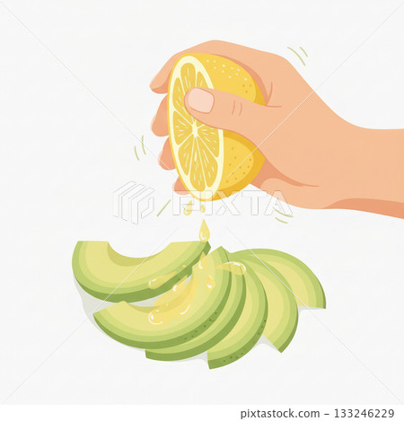 Healthy eating concept showing hand squeezing lemon juice on avocado slices. Fresh food illustration promoting vitamins, wellness, and clean lifestyle. Vector illustration 133246229