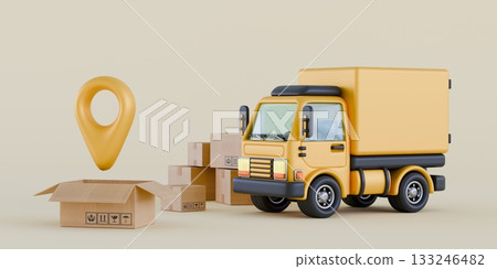 Transportation delivery by truck Location pin and opened cardboard box 3D 133246482