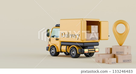 Transportation delivery by truck Opened truck with map pin 3D 133246483