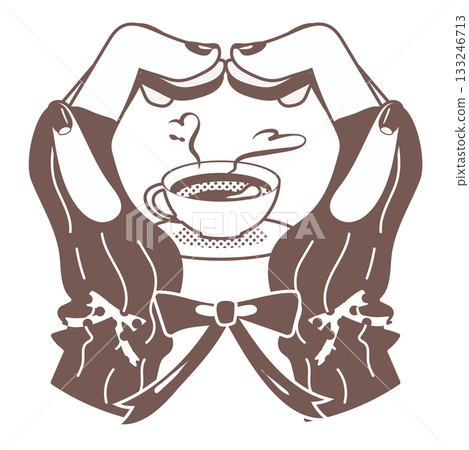 棕色的插圖，描繪了雙手和咖啡杯呈心形的姿勢 133246713