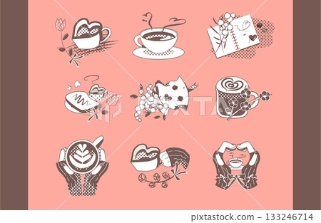 情人節咖啡和甜點棕色 x 白色插畫套裝 情人節咖啡和甜點棕色 x 白色插畫套裝 133246714