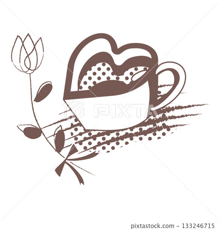 心形拿鐵咖啡杯和棕色花朵插圖 133246715