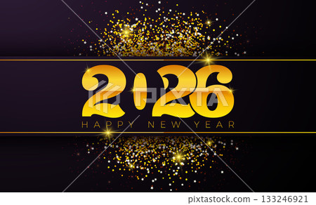 Happy New Year Greeting Card Banner Illustration with Gold Typography Lettering and Sparkling Glitter on Black Background. New Year Celebration Holiday Design with Christmas Ornaments for Occasion Happy New Year Greeting Card Banner Illustration with Gold Typography Lettering and Sparkling Glitter on Black Background. New Year Celebration Holiday Design with Christmas Ornaments for Occasion 133246921