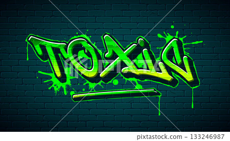 Green Toxic Graffiti Sketch Design with Grunge Hand Drawn Street Art Lettering on Brick Wall Background. Vector Typography Lettering Illustration for Environment or Pollution Theme for Greeting Card 133246987