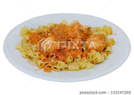 Pasta with Tomato Sauce and Meatballs on White Plate 133247260