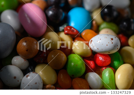 Colorful assortment of jelly beans in a delightful close-up view Colorful assortment of jelly beans in a delightful close-up view 133247329