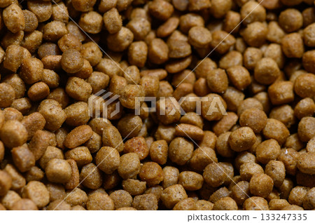 Dry pet food scattered across a surface inviting pets to enjoy tasty kibble moments 133247335