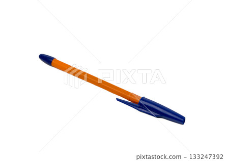 Orange ballpoint pen with blue cap isolated on white background 133247392