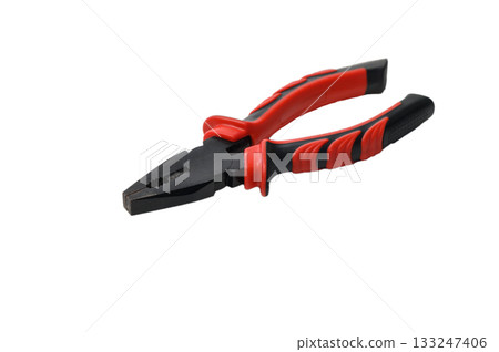 Metal pliers with red plastic handles isolated on white background 133247406