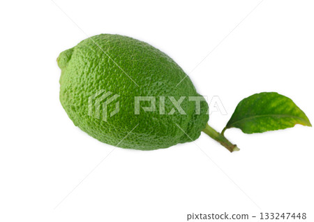 Fresh green lime with leaf isolated on white background Fresh green lime with leaf isolated on white background 133247448