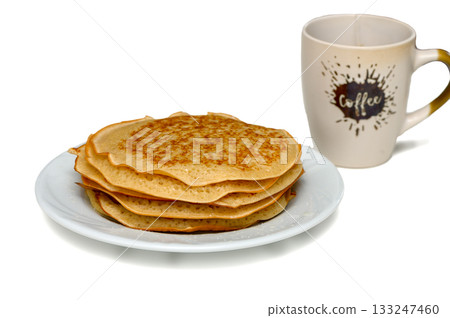 Pancakes on White Plate with Coffee Cup 133247460