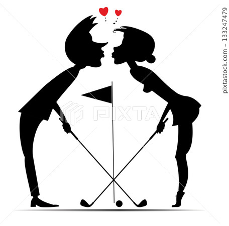 Golf course. Man and woman falling in love and kissing. Love couple kissing on the golf course. Black on white background Golf course. Man and woman falling in love and kissing. Love couple kissing on the golf course. Black on white background 133247479