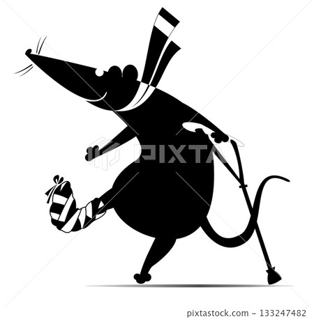 Happy to be healthy. Cartoon mouse or rat with a bandage on the leg and a crutch.  Cheerful rodent with a bandage on the leg dancing with crutch. Black and white illustration 133247482